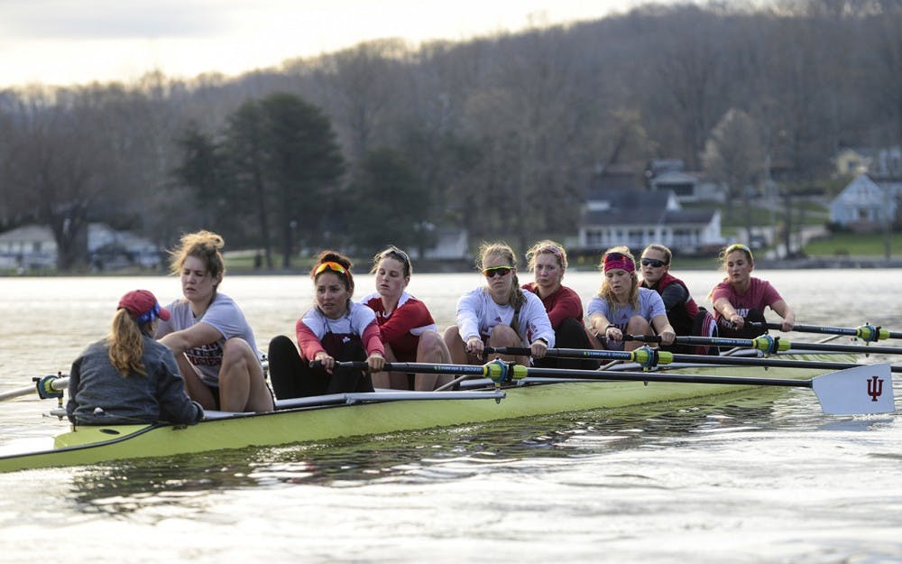 Members of the IU rowing team practice at Lake Lemon March 23, 2016. They will be competing this Saturday in Bloomington at Lake Lemon. 