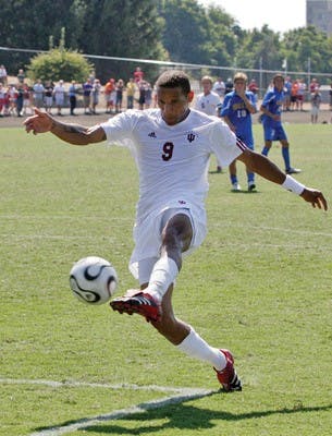 Photo by Jacob KrieseJunior Kevin Noschang kicks the Hoosier's only goal against UCLA on Sunday September 2nd at Bill Armstrong Stadium.  The Hoosiers won 1-0.