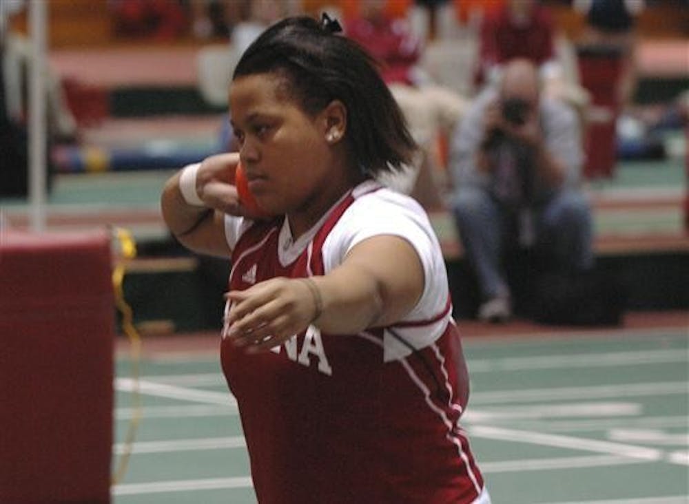 Senior Tiffany Howard prepares to throw a shotput on Saturday afternoon at the Harry Gladstein Fieldhouse.