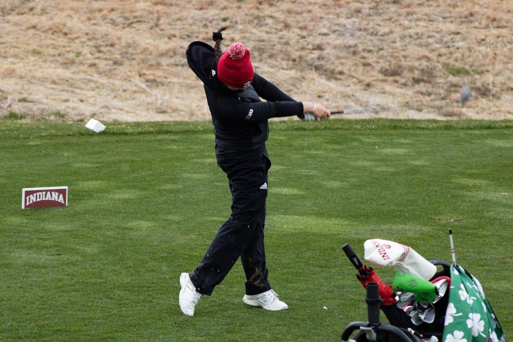 <p>Freshman Áine Donegan drives a ball at the IU Invitational April 9, 2022. Indiana posted a 13th-place finish at the Big Ten Championships and will play in the NCAA Regionals from May 9 to 11.</p>