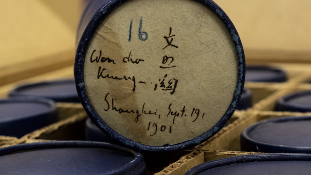 A wax cylinder used as a recording device more than a hundred years ago sits on a box Feb. 17 at the Archives of Traditional Music in Morrison Hall. The archive holds nearly 7,000 wax cylinders.