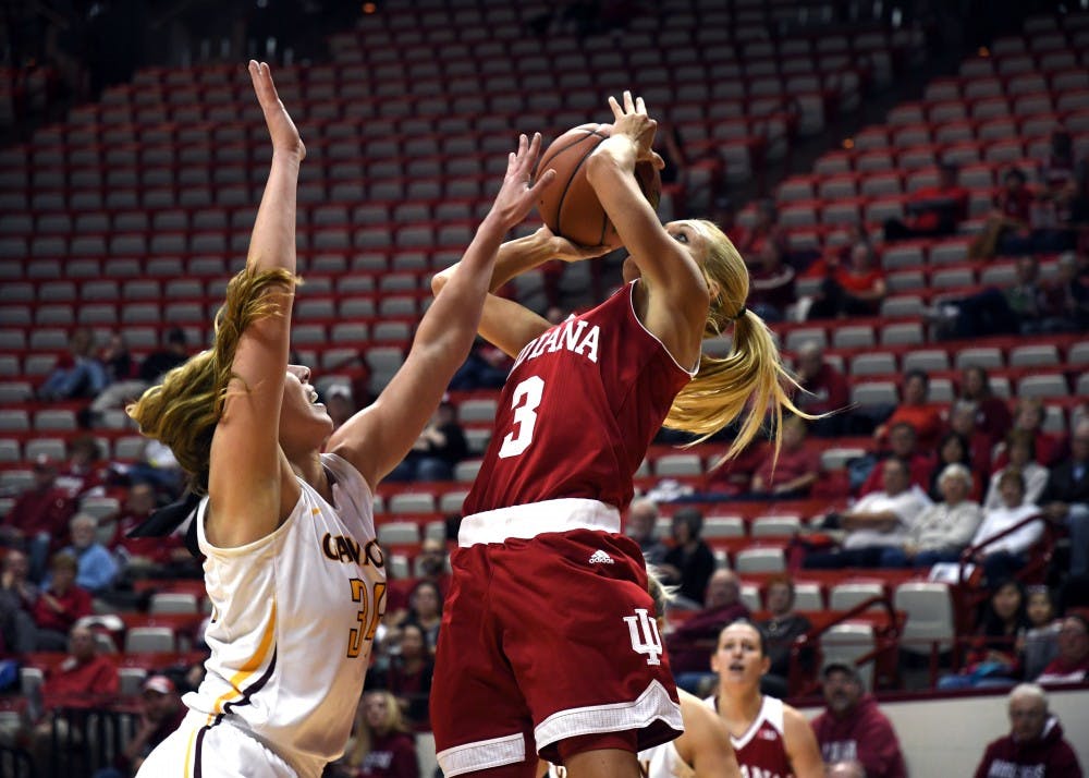 Senior guard Tyra Buss goes up for a layup against Gannon University Monday evening in Simon Skjodt Assembly Hall. Buss posted a new career-best in assists Saturday afternoon as IU defeated Arkansas State to begin the 2017-18 season.