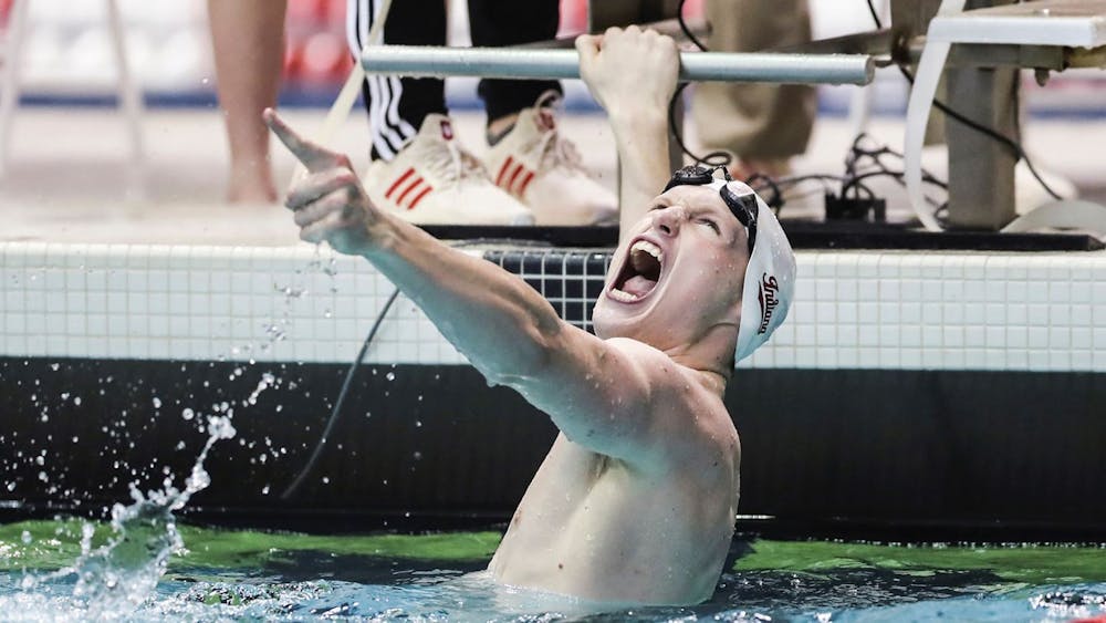 Junior Jack Franzman celebrates Jan. 16 at the Counsilman-Billingsley Aquatics Center. The IU men&#x27;s swimming and diving team will compete at the Big Ten Championships starting Tuesday. 