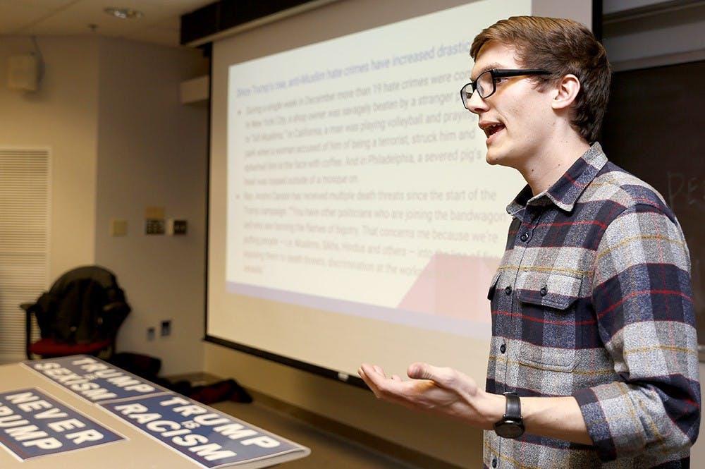 Kegan Ferguson, president of College Democrats at IU, speaks why Donald Trump should not be elected as a president Wednesday at Wylie Hall Room 015. College Democrats at IU had Trumpocalypse 2016 event to discuss issues of Donald Trump's presidential campaign. 