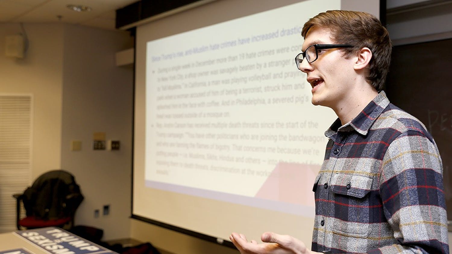 Kegan Ferguson, president of College Democrats at IU, speaks why Donald Trump should not be elected as a president Wednesday at Wylie Hall Room 015. College Democrats at IU had Trumpocalypse 2016 event to discuss issues of Donald Trump's presidential campaign. 