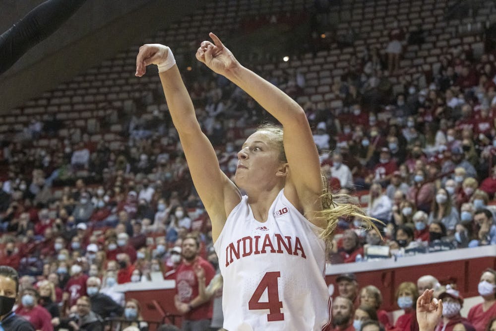 <p>Graduate guard Nicole Cardaño-Hillary attempts a jump shot Dec. 2, 2021, at Simon Skjodt Assembly Hall. Indiana lost 66-58 to North Carolina State University. </p>