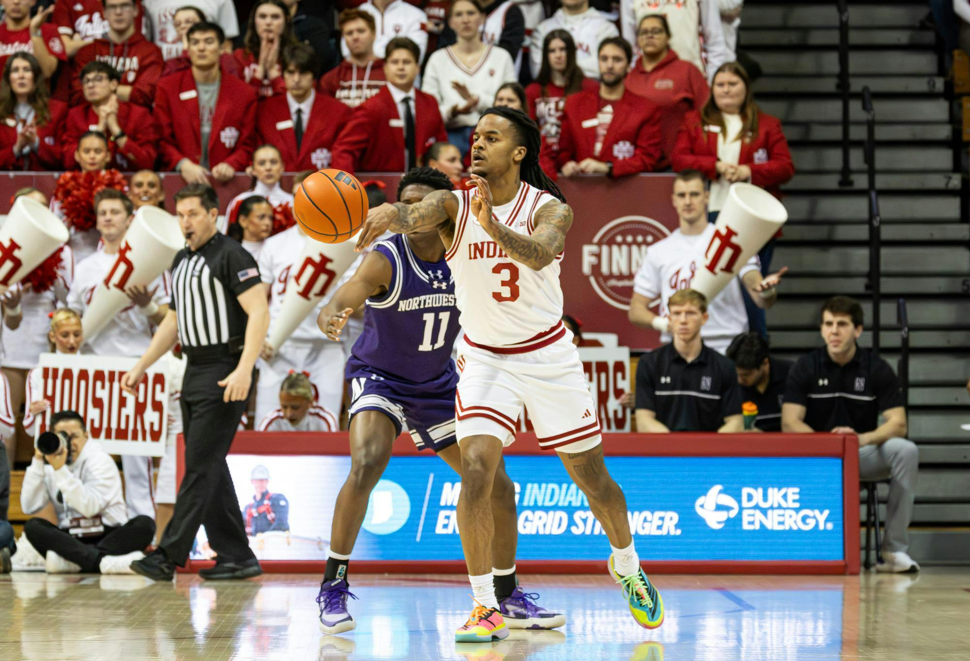 Senior Lamar Wilkerson passes the ball to a teammate as the Hoosiers take on the Wildcats on Feb. 24, 2026, at Simon Skjodt Assembly Hall in Bloomington. Indiana was defeated by Northwestern 68-72. 