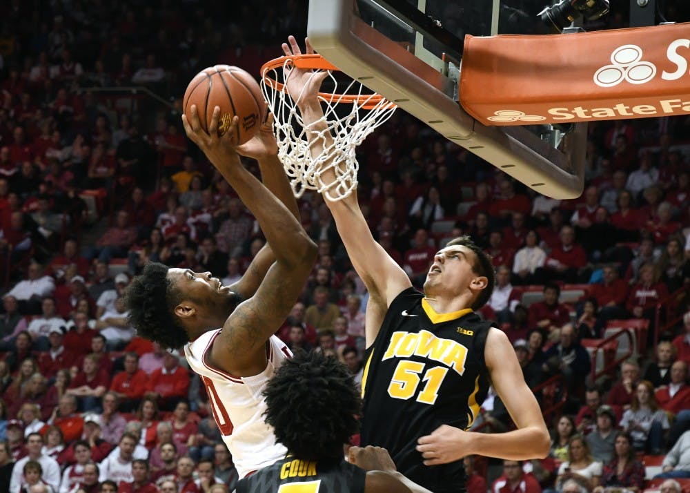 Sophomore forward De'Ron Davis goes to the basket against Iowa Monday evening in Simon Skjodt Assembly Hall. Davis had 13 points and four blocks in IU's 77-64 win against Iowa.
