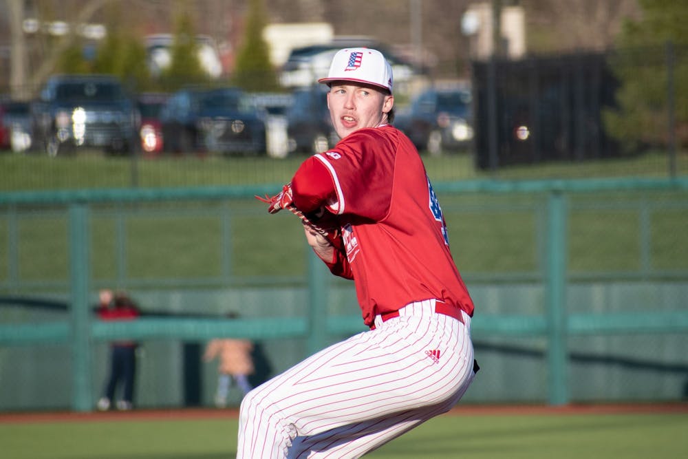 <p>Freshman right-handed pitcher Ayden Decker-Petty throws a pitch March 28, 2023, at Bart Kaufman Field in Bloomington, Indiana against Kent State. The Hoosiers beat the Golden Flashes 4-3.</p>