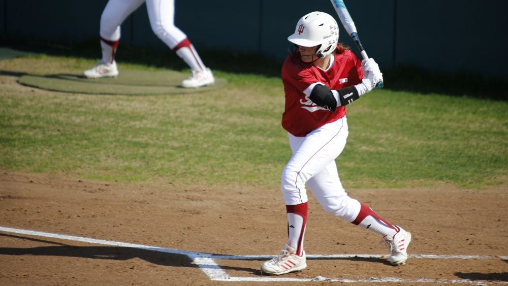 Freshman Outfielder Rebecca Blitz swings her bat during IU's first game against Purdue at the Andy Mohr Field on Apr. 22, 2015. IU won 6-3 after Mena Fulton hit a 3-run home run during the last inning of the game. 