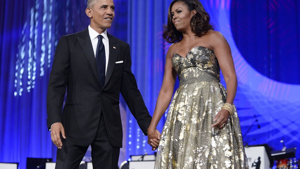 Then-President Barack Obama and then-first lady Michelle Obama arrive to address the Congressional Black Caucus Foundation&#x27;s 46th Annual Legislative Conference Phoenix Awards Dinner on Sept. 17, 2016, in Washington, D.C. The Obamas broke ground for the Obama Presidential Center on Sept. 28, 2021, in Chicago&#x27;s South Side.