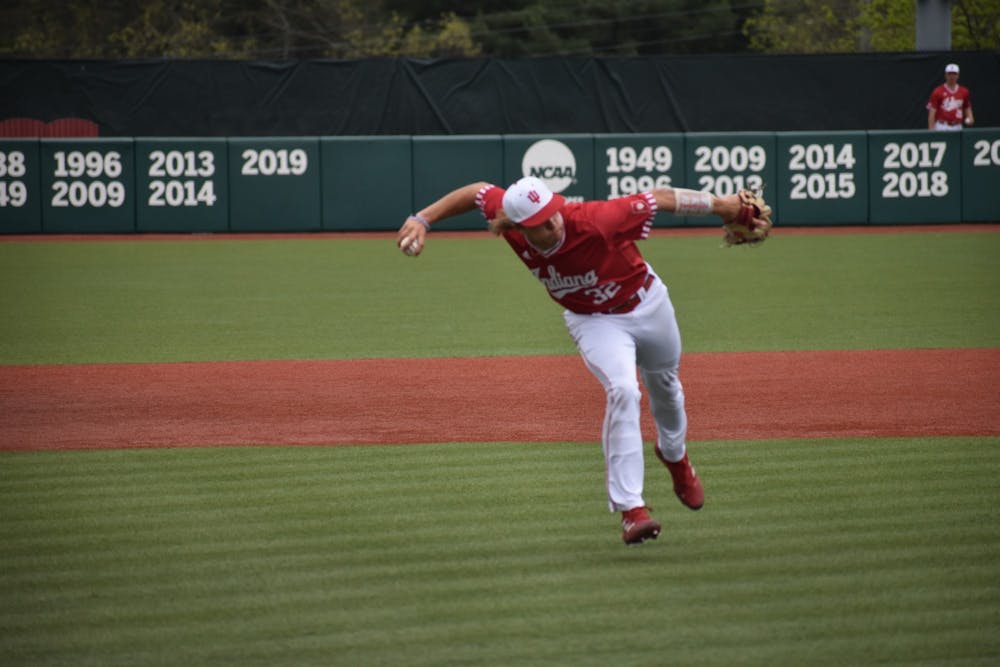 <p>Then-freshman third baseman Josh Pyne throws to first base April 30, 2022, at Bart Kaufman Field. Indiana will face Illinois State University for the final home game of the season Tuesday. </p><p><br/><br/></p>