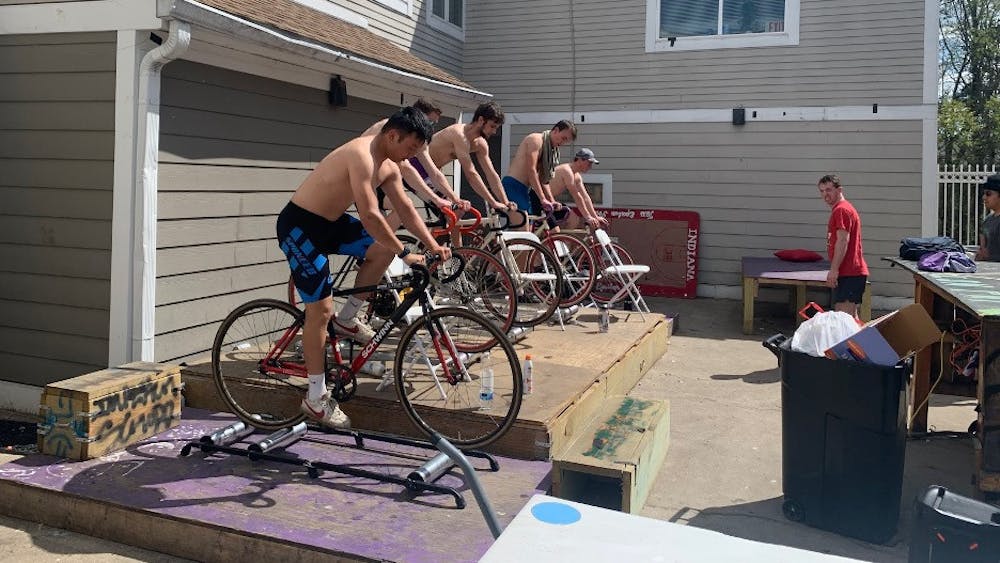 The Tau Epsilon Phi Little 500 team practices on rollers on April 15, 2023. This is the first year Tau Epsilon Phi has a Little 500 team.