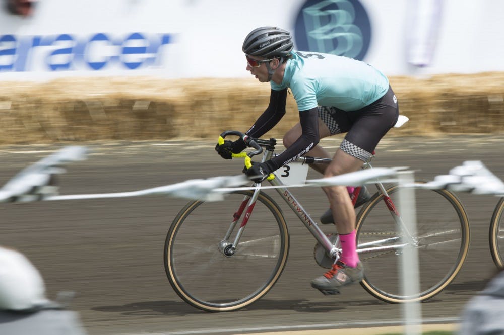 <p>Senior Cutters rider Erik Schwedland rounds turn two during the 2017 Men's Little 500 Bike Race at Bill Armstrong Stadium. The 2018 Men’s Race will take place at 2 p.m. Saturday, April 21.&nbsp;</p>