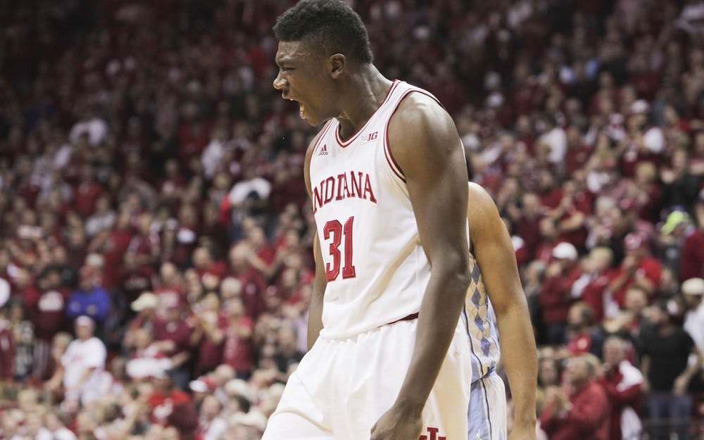 Sophomore Thomas Bryant yells in the middle of the first half of the Hoosier's game against North Carolina Wednesday evening. 