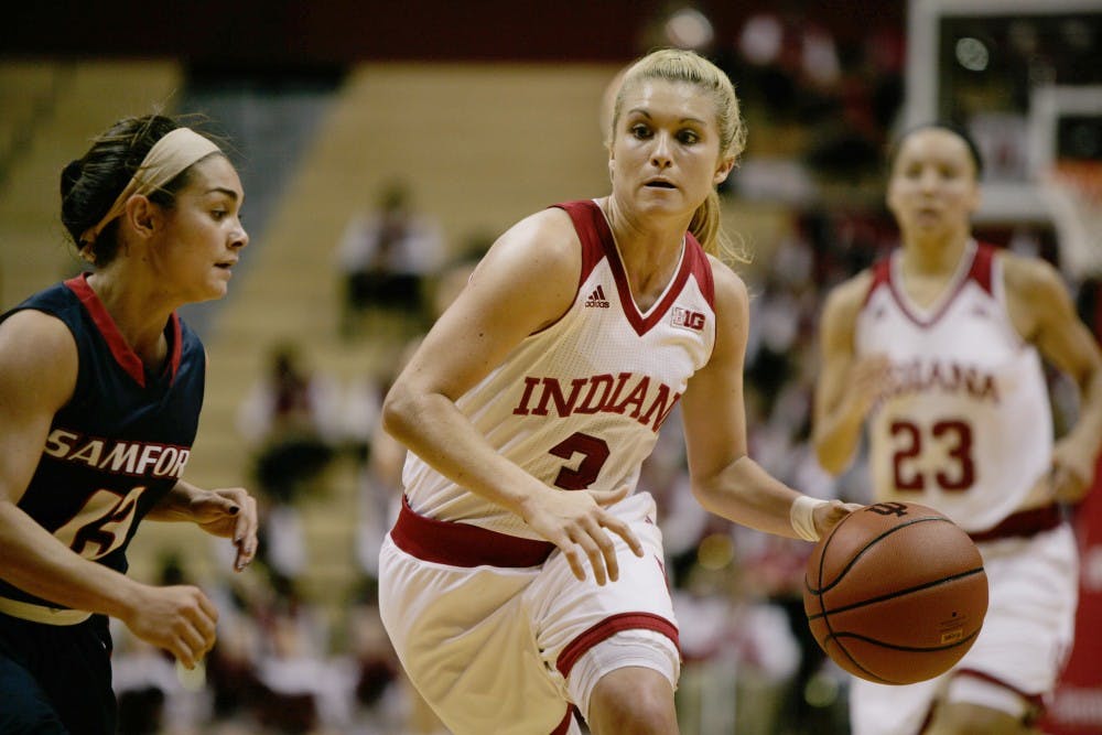 Sophomore guard Tyra Buss rushes toward the basket in the first half against Samford. The Hoosiers beat Samford 65-56 in overtime on Dec. 11, 2015 at Assembly Hall. 