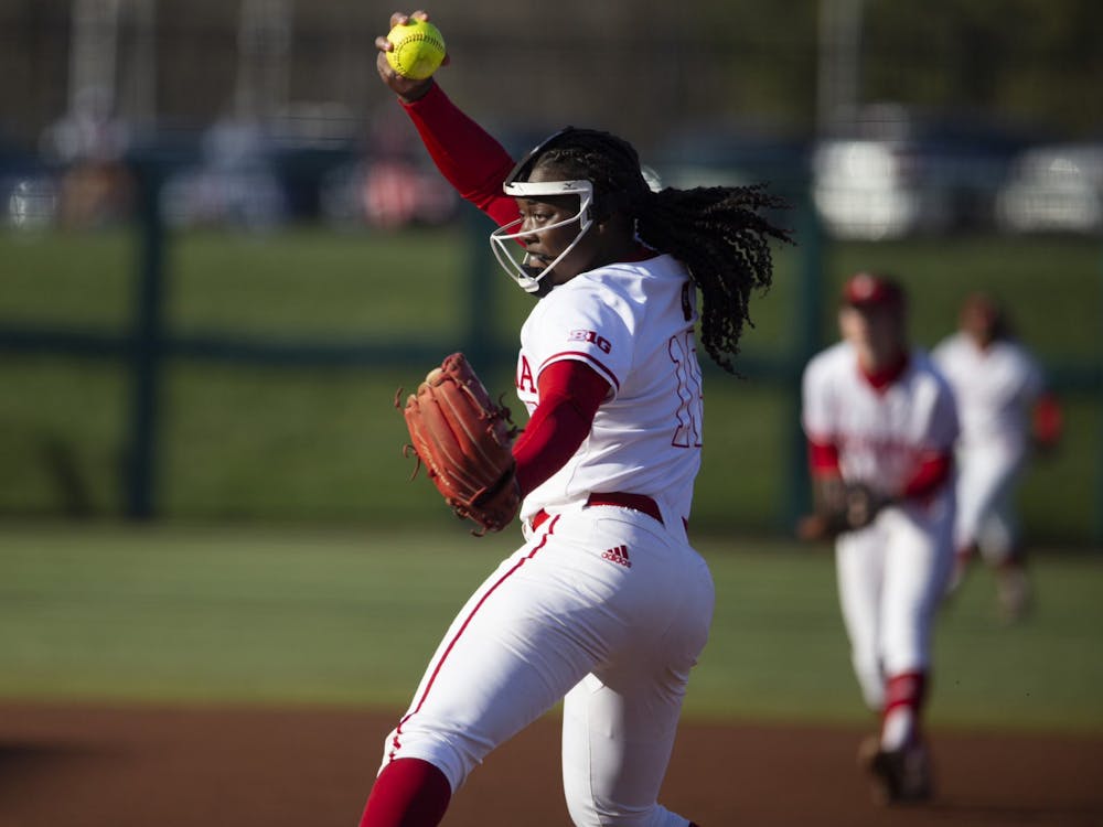 Sophomore Brianna Copeland throws a pitch March 28, 2023, at Andy Mohr Field. As Team 50 ended the season with three consecutive series sweeps, the Hoosiers will head into the postseason on a nine-game win streak. 