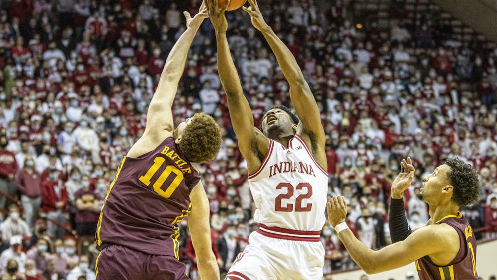 Sophomore forward Jordan Geronimo grabs a rebound against Minnesota on Jan. 9, 2022, at Simon Skjodt Assembly Hall. Indiana had 13 second-chance points against Minnesota. 