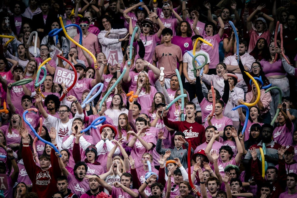 <p>The Indiana students section makes noise during a free throw attempt Feb. 9, 2023, at Simon Skjodt Assembly Hall in Bloomington. Assembly Hall will be sold out Feb. 19 against Purdue.</p>