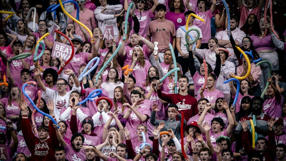 The Indiana students section makes noise during a free throw attempt Feb. 9, 2023, at Simon Skjodt Assembly Hall in Bloomington. Assembly Hall will be sold out Feb. 19 against Purdue.