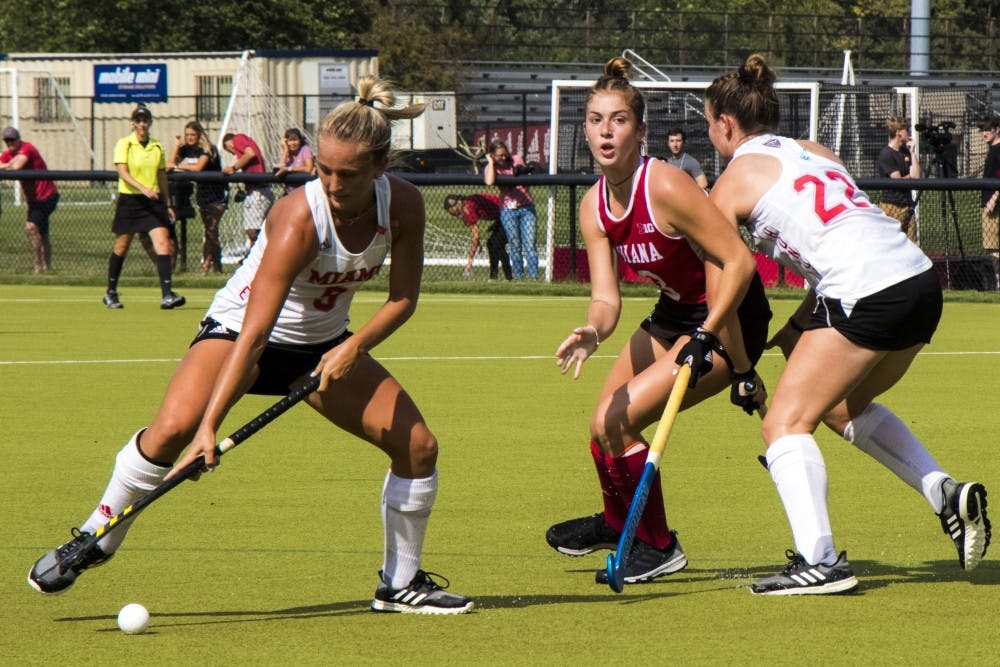 IU junior Rylee Pearson chases the ball against Miami University on Sept. 6 at the IU Field Hockey Complex. IU lost matches this weekend at Maryland and Rutgers.