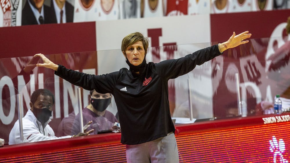 Indiana women&#x27;s basketball head coach Teri Moren shouts instructions from the sidelines Jan. 31 during the game against Michigan State in Simon Skjodt Assembly Hall. Moren and the Hoosiers landed two recruits in the ESPN Top 100 this week.