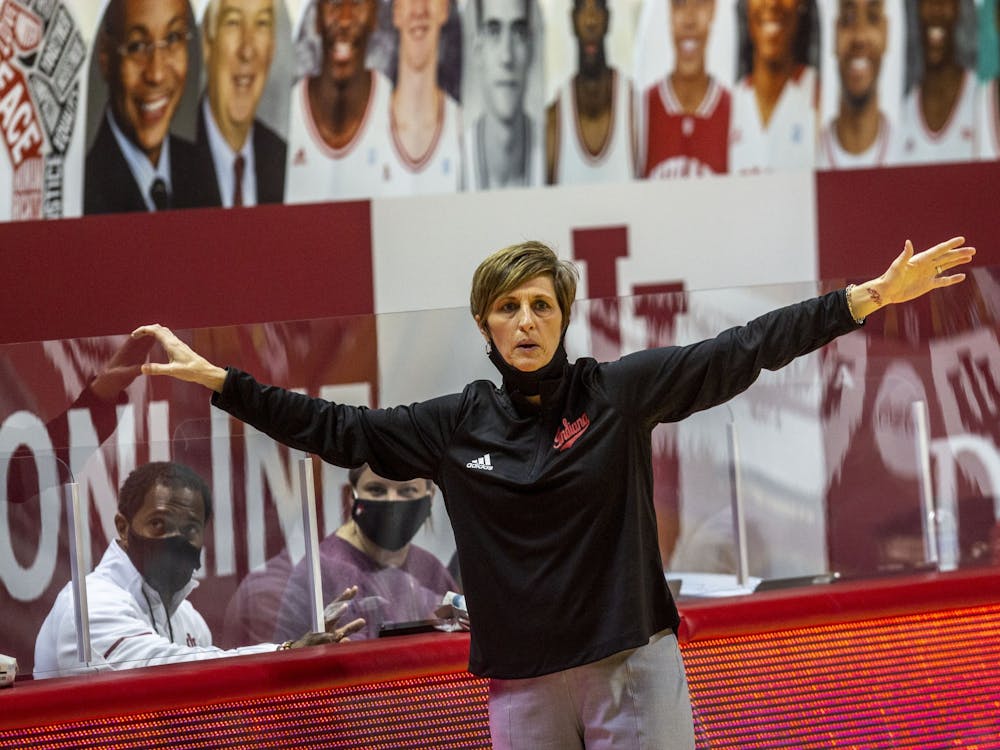 Indiana women&#x27;s basketball head coach Teri Moren shouts instructions from the sidelines Jan. 31 during the game against Michigan State in Simon Skjodt Assembly Hall. Moren and the Hoosiers landed two recruits in the ESPN Top 100 this week.