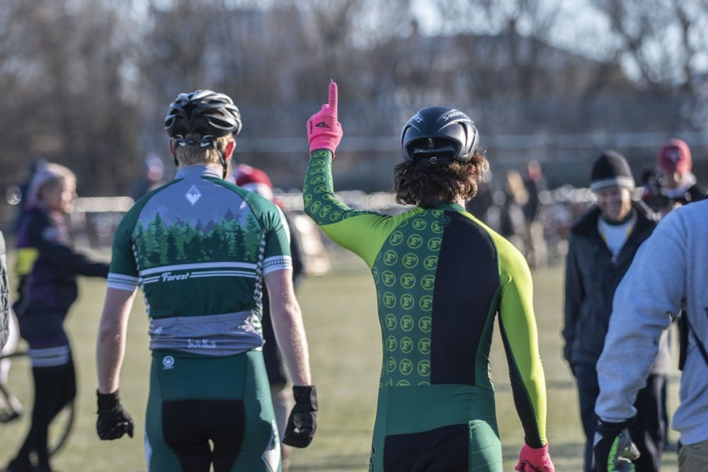 <p>Forest rider Hank Duncan celebrates after his team recorded a time of 2:31.15 at Little 500 Qualifications on March 23 at Bill Armstrong Stadium. Individual Time Trials will take place March 27, and Miss N Out will take place March 30. </p>