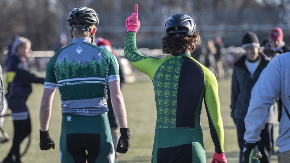 Forest rider Hank Duncan celebrates after his team recorded a time of 2:31.15 at Little 500 Qualifications on March 23 at Bill Armstrong Stadium. Individual Time Trials will take place March 27, and Miss N Out will take place March 30. 