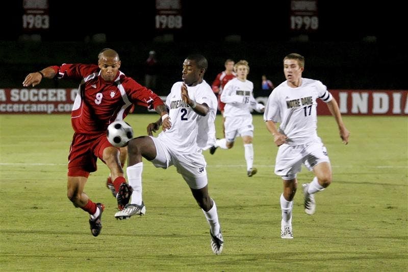 Senior Kevin Noschang battles Notre Dame's Aaron Maund during the Hoosiers 3-1 win over No. 9 Notre Dame Thursday night at Bill Armstrong Stadium.