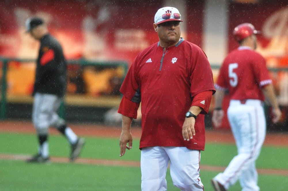 <p>Former IU Coach Chris Lemonis walks off the field after shaking hands with the Maryland coaching staff at Bart Kaufman Field on April 30, 2017. Lemonis is now the head coach at Mississippi State.</p>