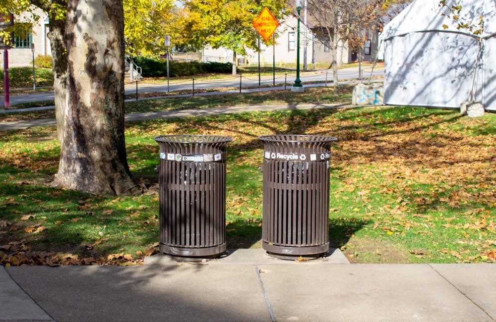 <p>Recycling and trash bins sit Nov. 16, 2021, in Dunn Meadow behind Franklin Hall. Recycling and trash bins are located across the IU-Bloomington campus.</p>