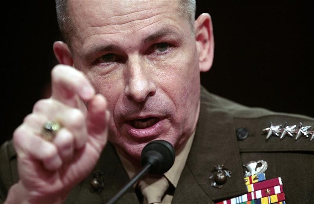 General Peter Pace, former chairman of the Joint Chiefs of Staff, testifies before the Senate Armed Services Committee on Bush's $624.6 billion request in defense spending, Tuesday, February 6, 2007, on Capitol Hill in Washington, D.C. 
