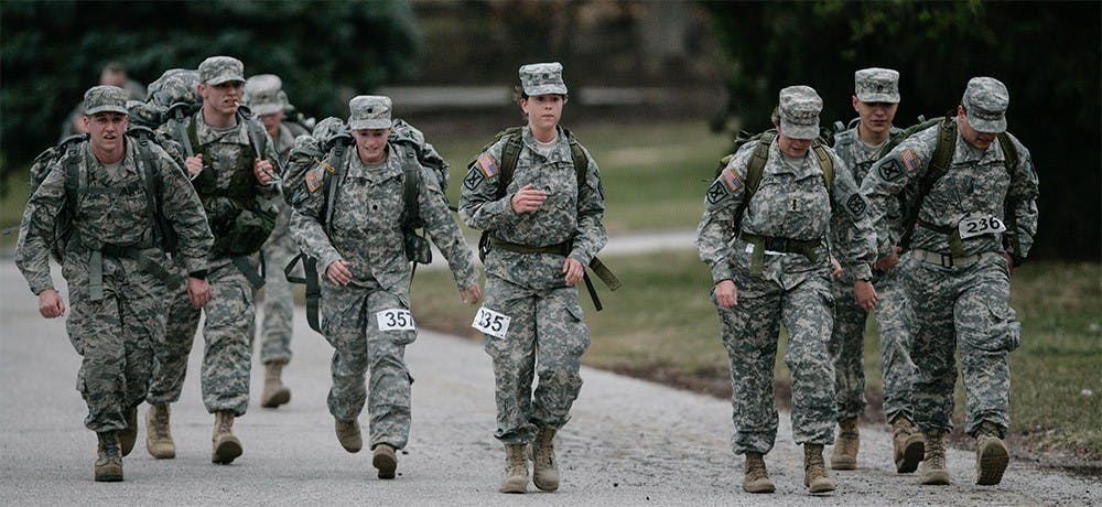 ROTC cadets compete in the ruck march Saturday afternoon outside Gladstein Fieldhouse.