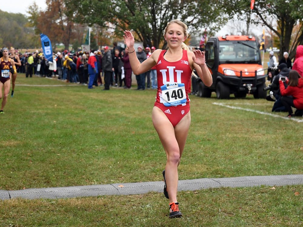Then-junior Katherine Receveur celebrates as she crosses the finish line at the Big Ten Cross-Country Championships on Oct. 25, 2017, at the IU Cross-Country course. The Hoosier women finished third in the Commodore Classic on Saturday in Nashville, Tennessee. 