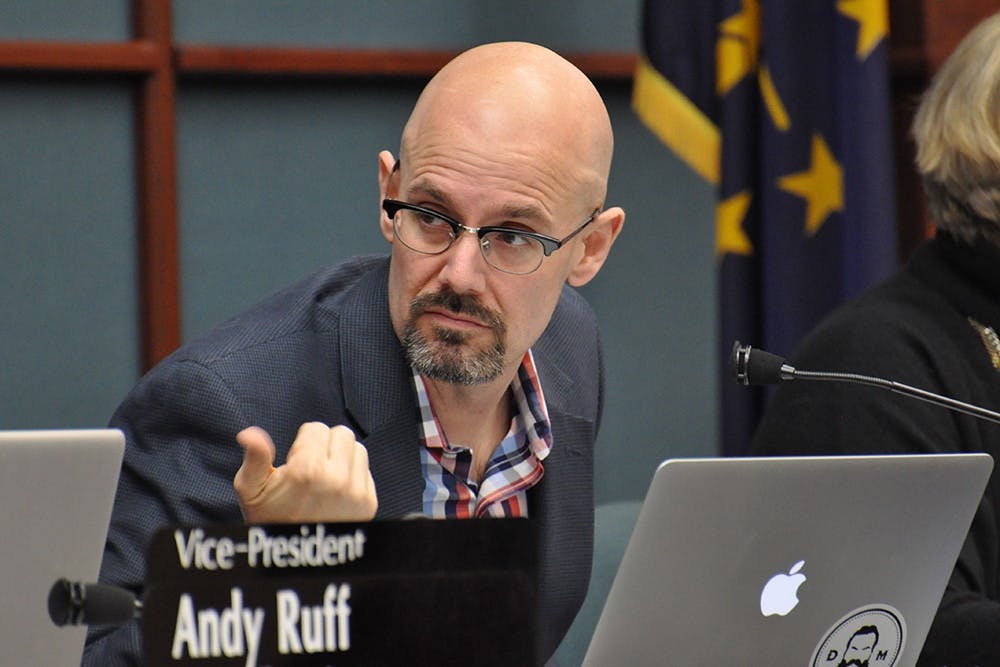 Darryl Neher calls on Dave Rollo to ask questions during the Bloomington City Council meeting at City Hall on Wednesday night. The council was asking questions on TIF districts in Blooomington.