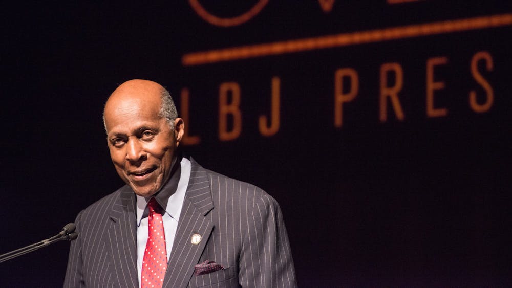 Civil rights activist Vernon Jordan introduces former President Bill Clinton before an address at the Civil Rights Summit on April 9, 2014, at the LBJ Presidential Library in Austin, Texas. Jordan, 85, died at his home in Washington, D.C. on March 1.