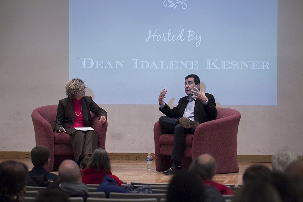 Author Ari Shavit lectures in the Fine Arts Auditorium on Thursday. The lecture was hosted by Dean Idalene Kesner of the Kelley School of Business.