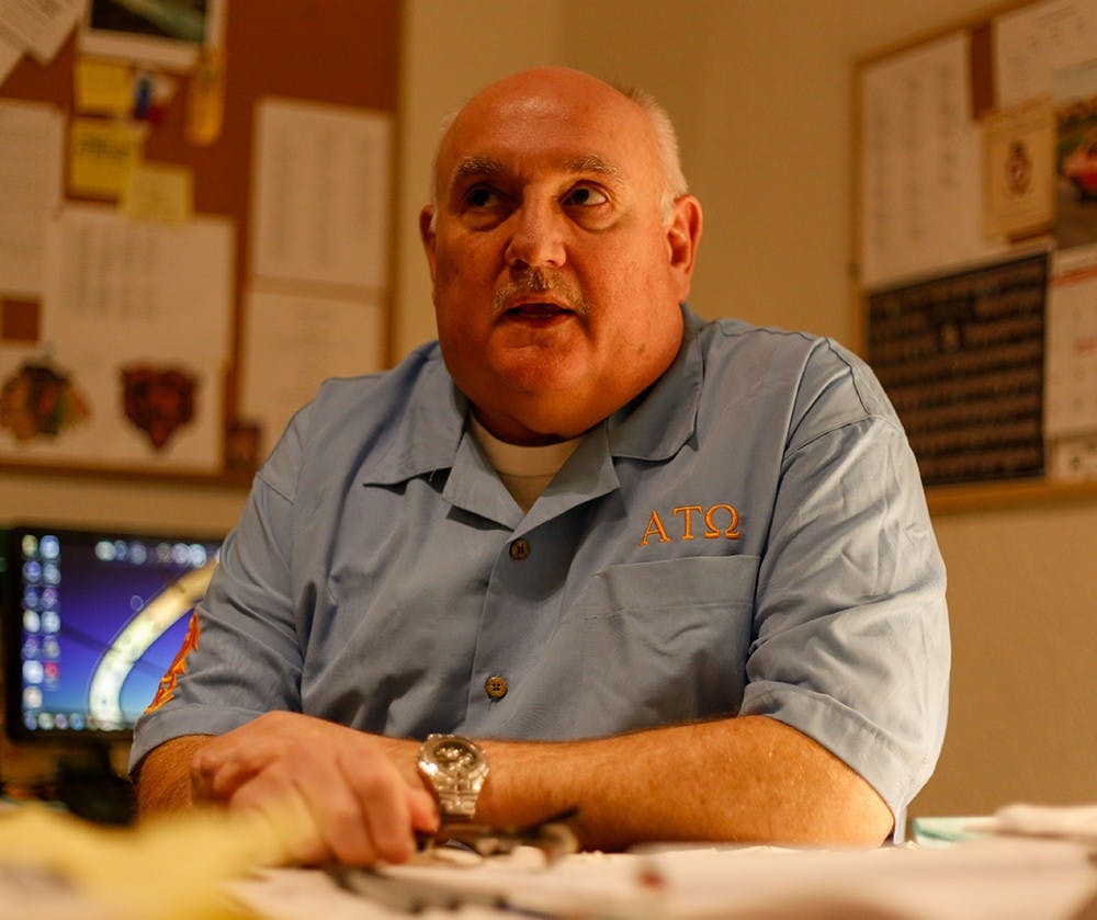 Chris Drossos, house director of Alpha Tau Omega,  speaks about how he manages the fraternity Monday at the Alpha Tau Omega house. Drossos has been working as a house director for 7 years. He manages the property and maintains house order.