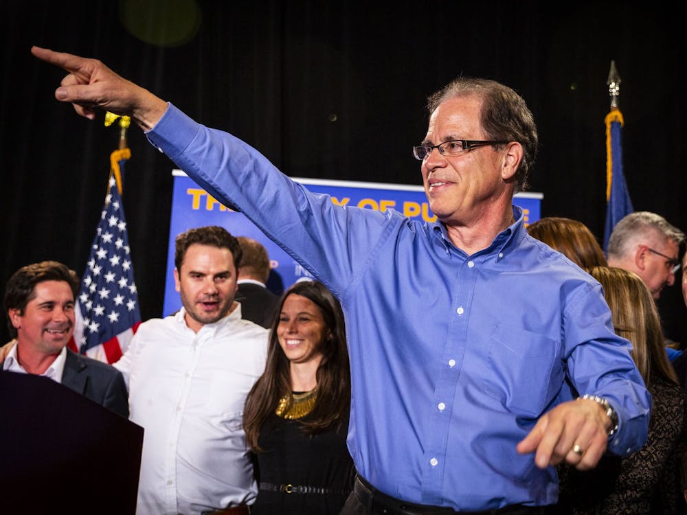 Sen. Mike Braun, R-Ind.,celebrates his win in the Senate race Nov. 6, 2019, at the JW Marriott in Indianapolis. Braun announced his decision to run for governor of Indiana on Nov. 30.