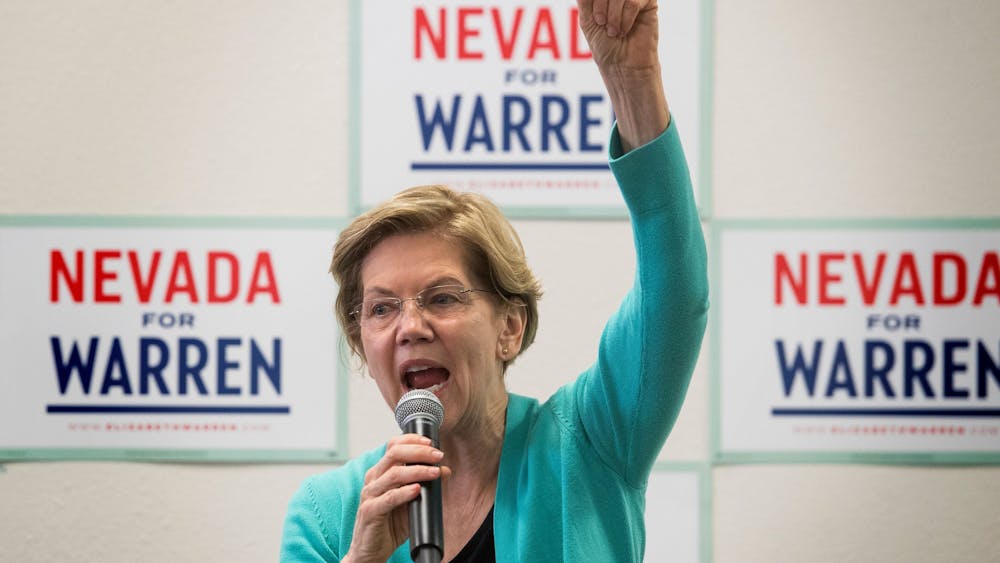 Sen. Elizabeth Warren, D-Mass., speaks to supporters during a visit to her field office Feb. 20 in Las Vegas. 