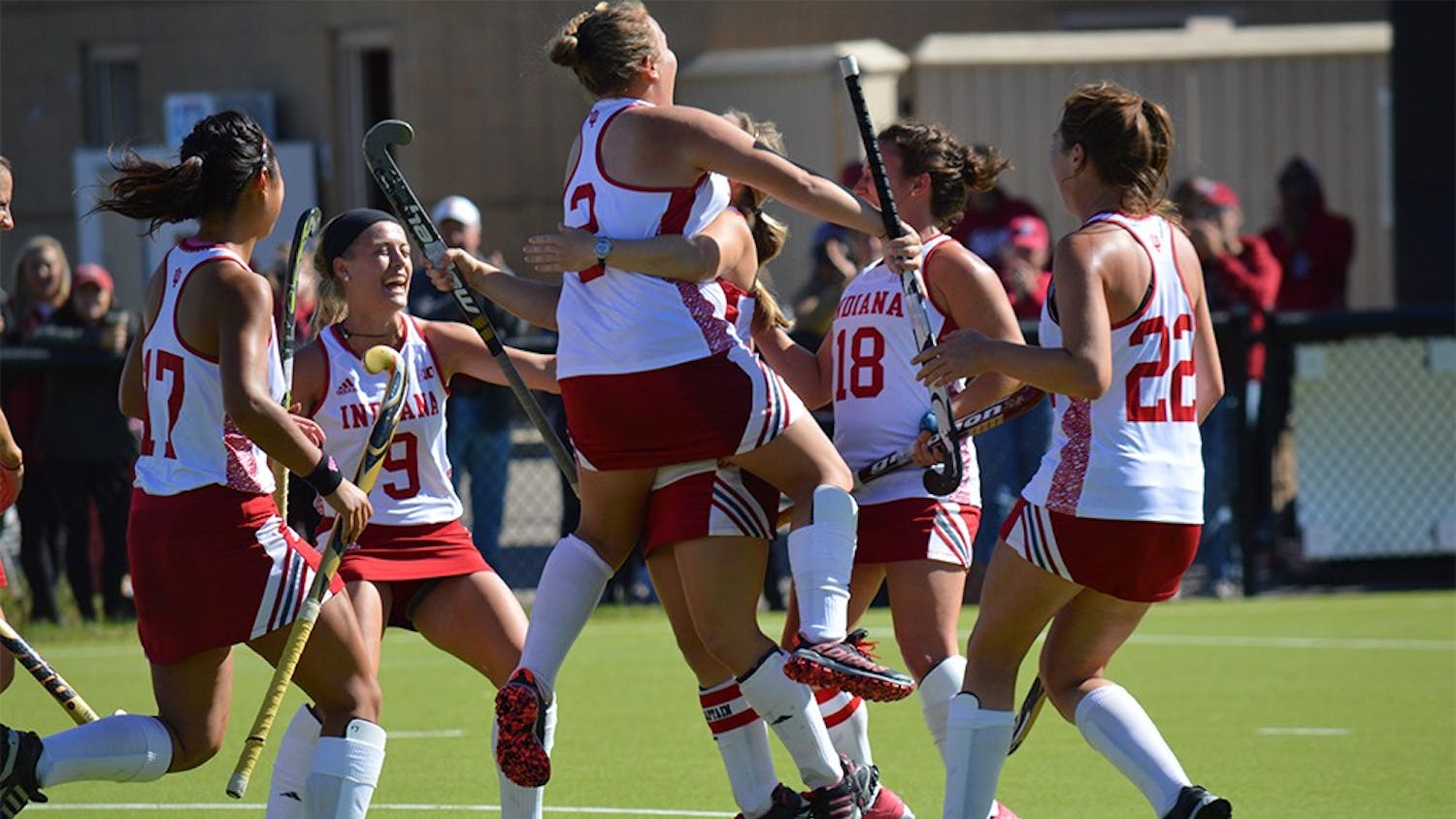 The IU field hockey team celebrates after a goal during the game against Penn State Sunday afternoon at the IU Field Hockey Complex. The Hoosiers defeated the Nittany Lions 1-0.