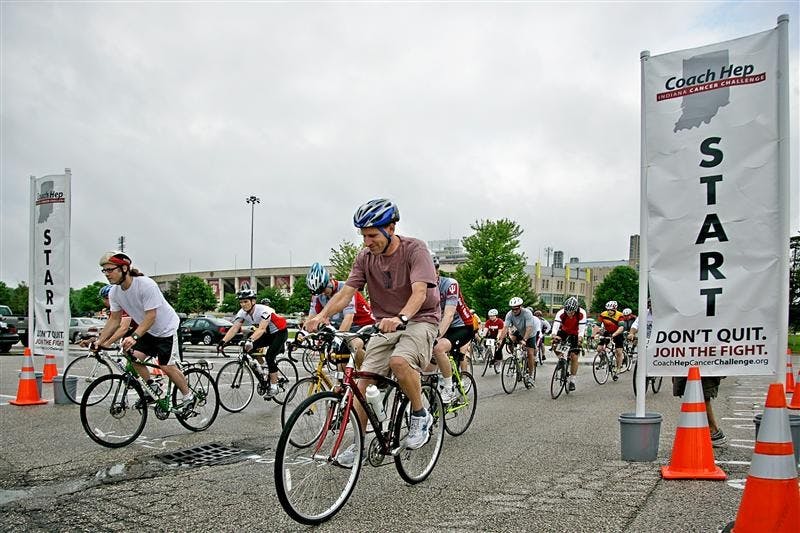 Riders start the 25K and 50K bike ride during the Coach Hep Cancer Challenge on Saturday morning at the Mellencamp Pavilion. Participants raised money by riding in a 25,- 50- or 100- kilometer bike ride, a 2K walk or a 5K run.