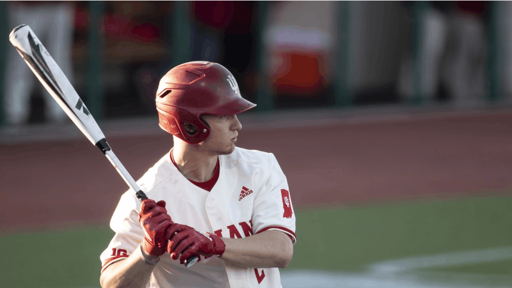 Cole Barr prepares to hit March 27 at Bart Kaufman Field. Barr hit a home run during the game against Kent State University, which IU lost 9-8.