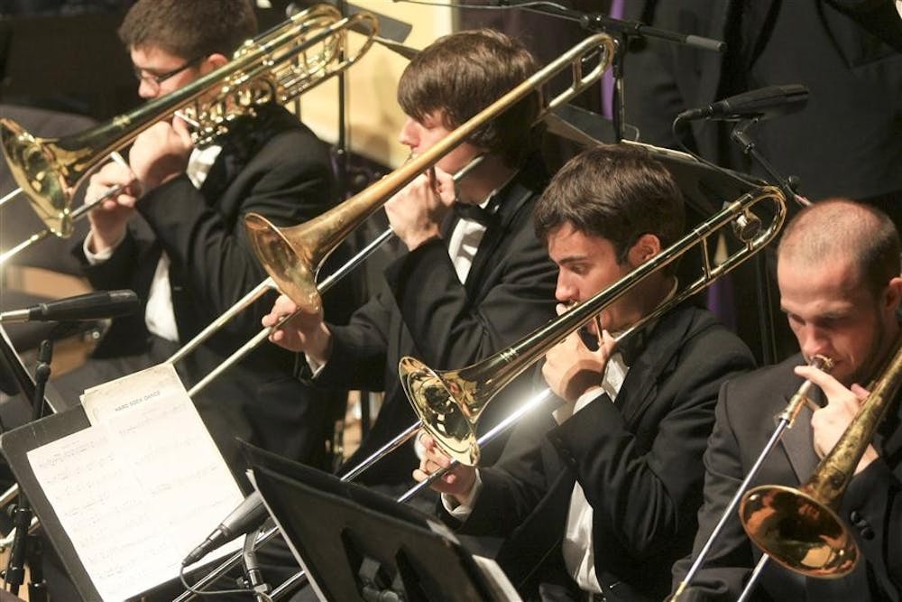 Members of the David Baker Jazz Ensemble trombone section play during the group's performance on Monday at Musical Arts Center.