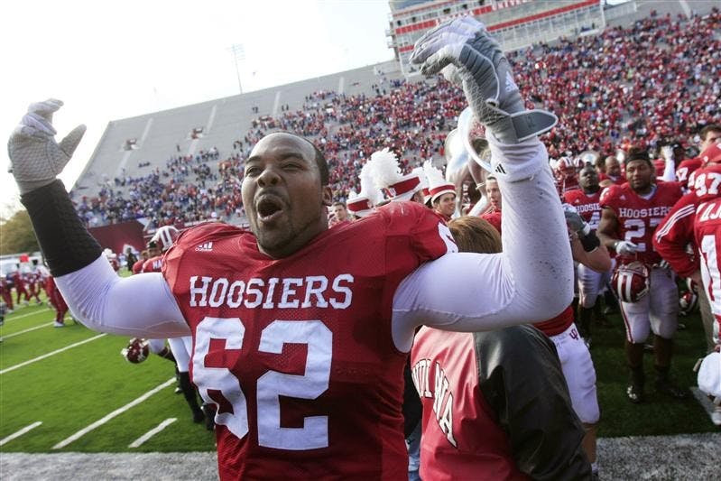IU senior defensive lineman Greg Brown celebrates following IU's 21-19 win over Northwestern on Saturday at Memorial Stadium. Brown had three tackles in the win.