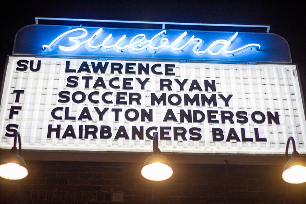 <p>The marquee for The Bluebird Nightclub displays a list of shows for the week on April 4, 2022. The band &quot;Lawrence&quot; performed a show on Sunday night.</p>