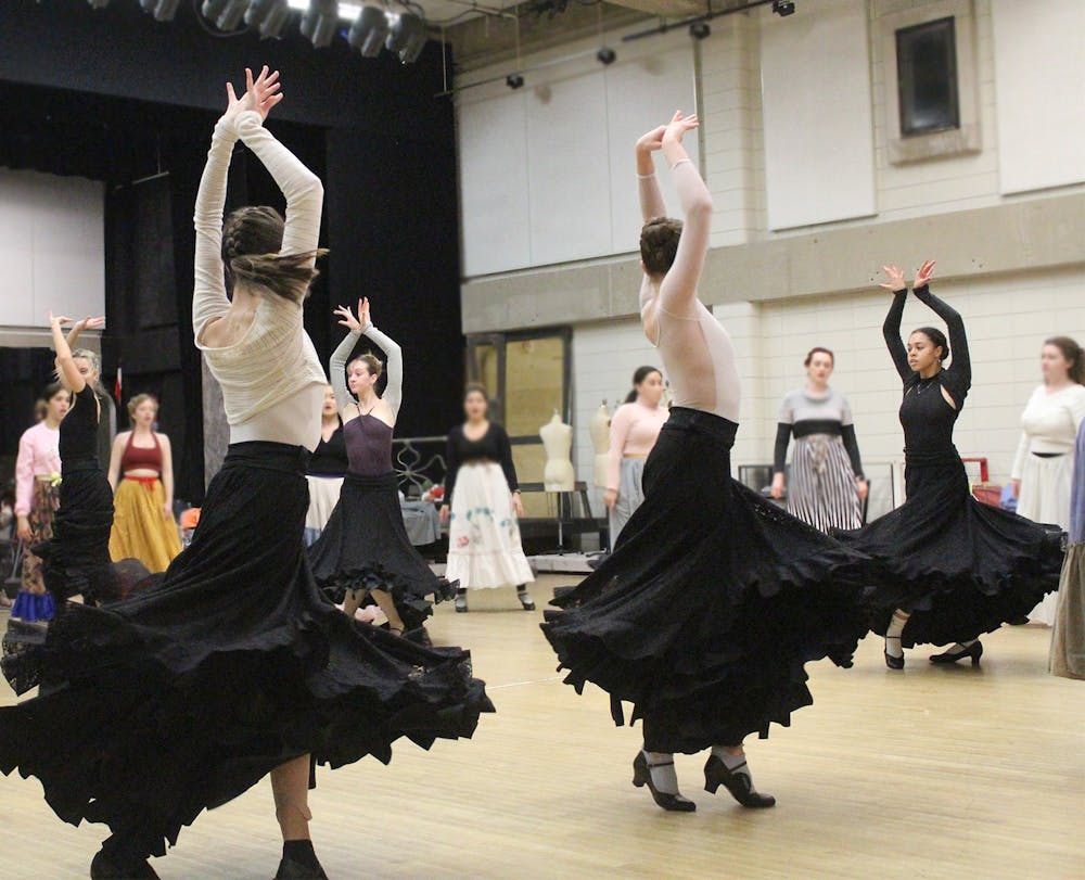 <p>Dancers from the Jacobs School of Music Ballet Theater department rehearse choreography for the opera “Ainadamar.” Performances will be held Feb. 3-4 and Feb. 10-11, 2023.</p>