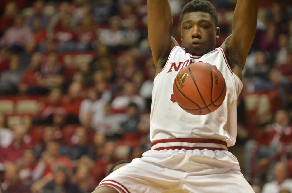 Freshman center Thomas Bryant watches the ball fall after dunking against Morehead State on Saturday at Assembly Hall. The Hoosiers won 92-59. 