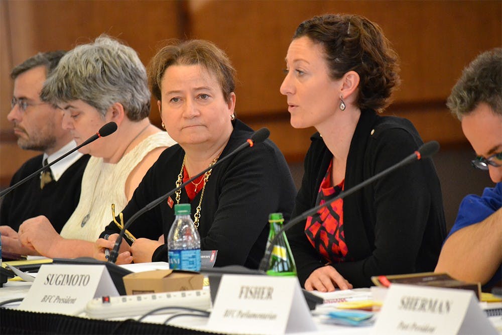 Bloomington Faculty Council President Cassidy Sugimoto discusses the importance of faculty-student relationship during the BFC meeting Wednesday afternoon in President's Hall.